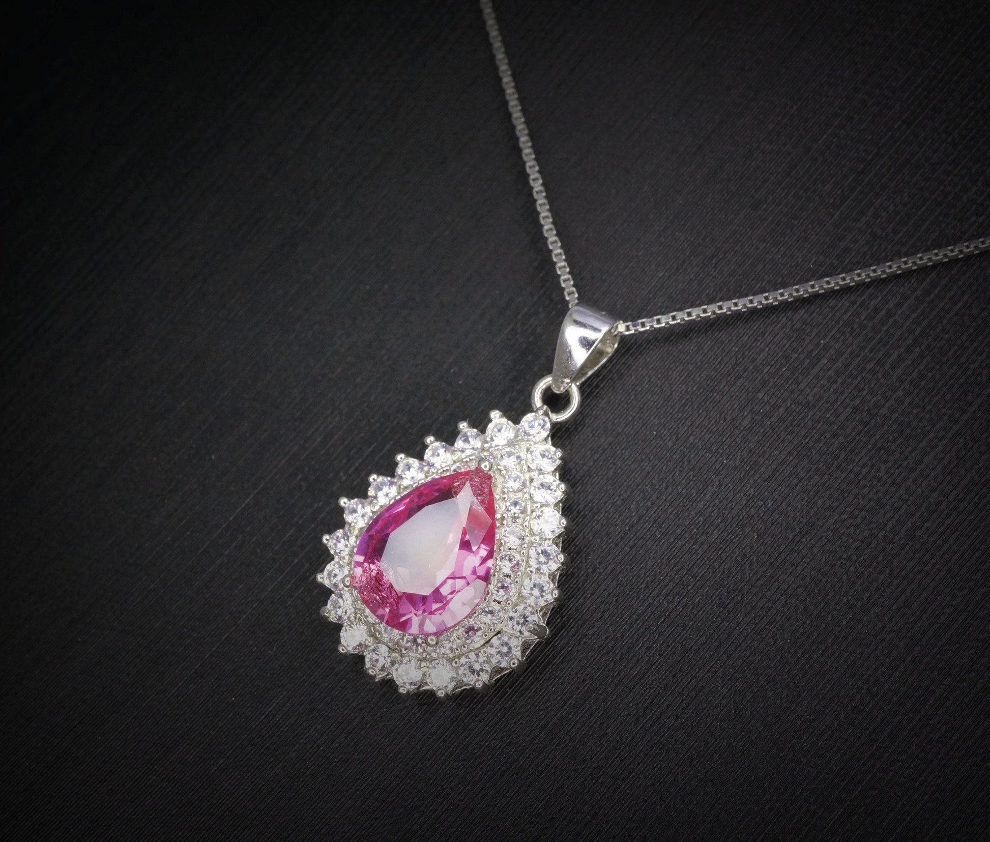 Pink Tourmaline Necklace - Gemstone Teardrop Halo Double Circle Pink Tourmaline Pendant Jewelry #374