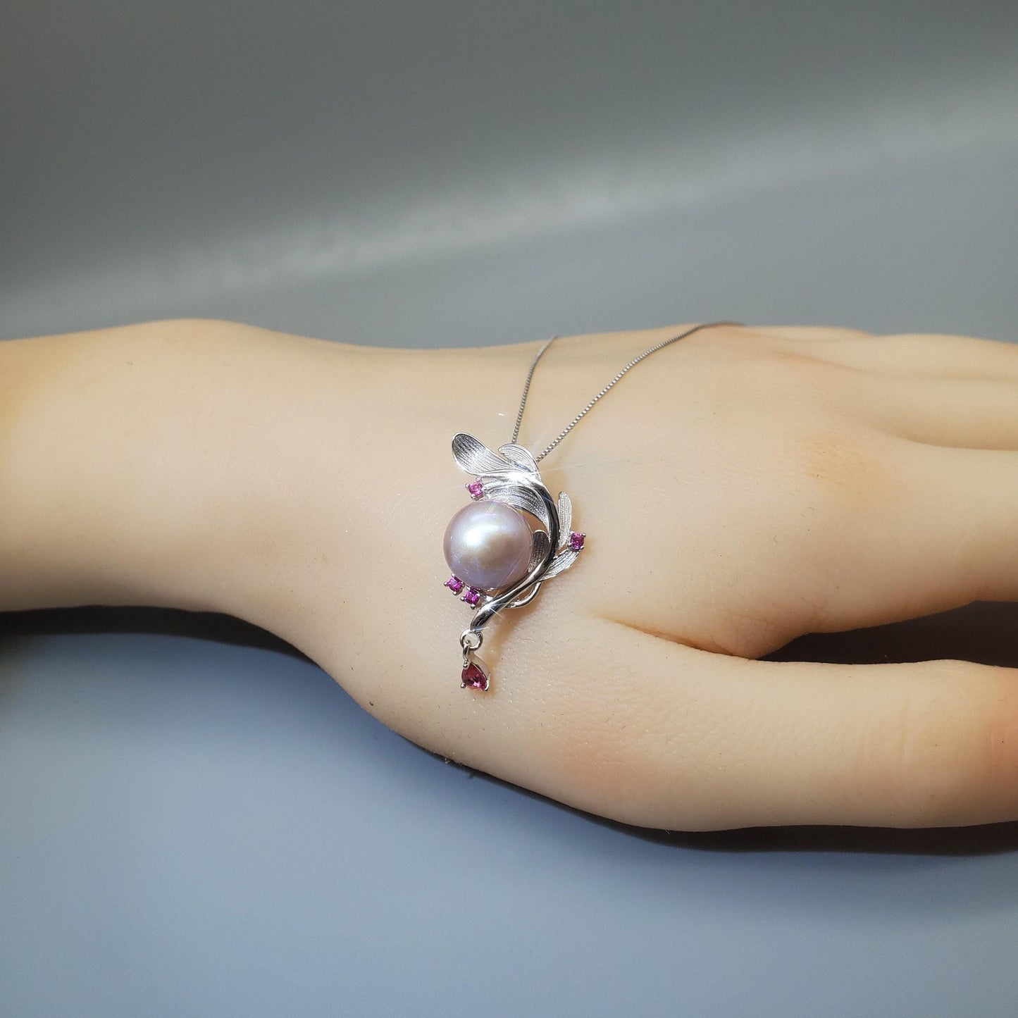 Pink Pearl Necklace Sterling Silver - Large 12mm Genuine Freshwater Pearl Leaf Leaves Ruby Feather Necklace 1100