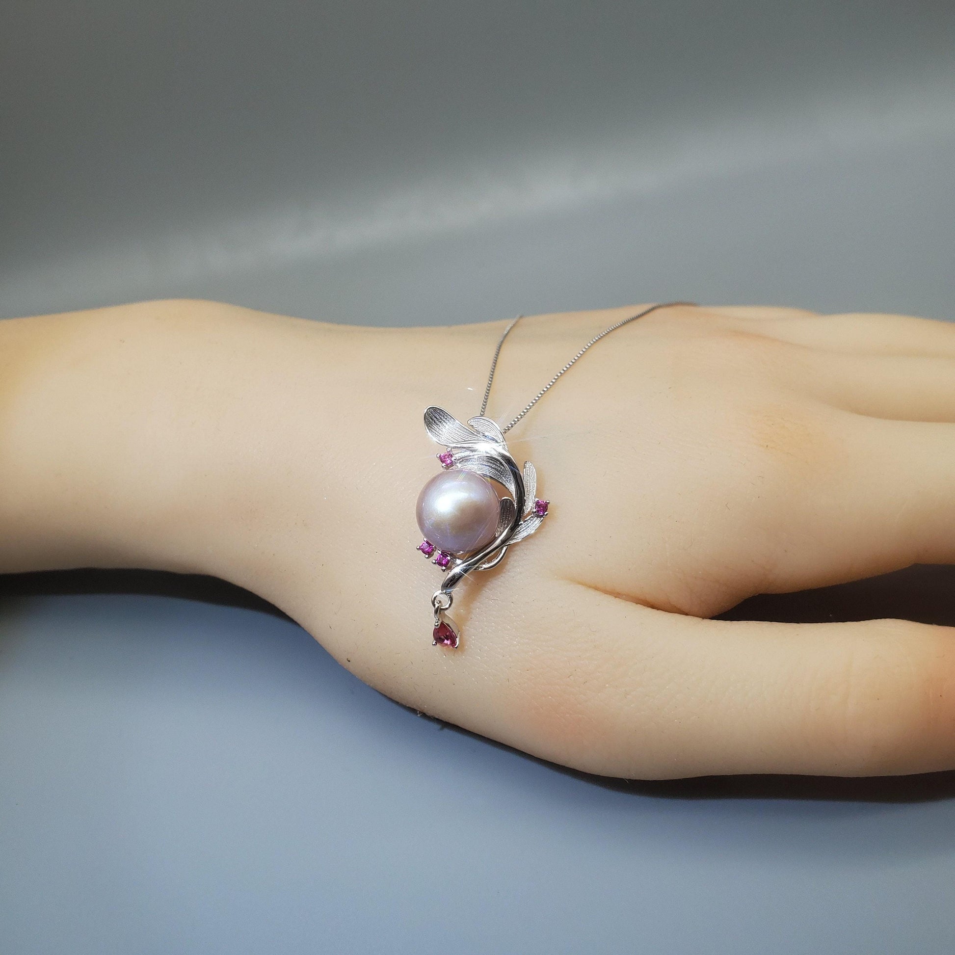 Pink Pearl Necklace Sterling Silver - Large 12mm Genuine Freshwater Pearl Leaf Leaves Ruby Feather Necklace 1100