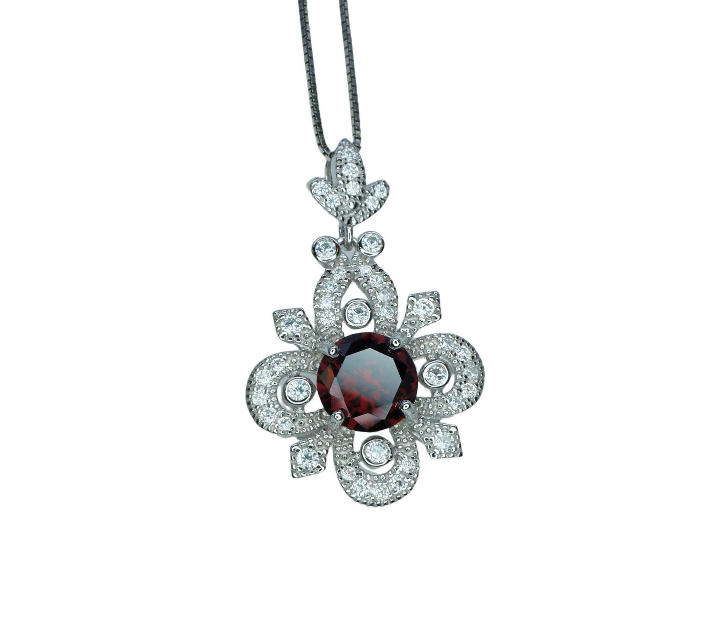 Red Garnet Necklace - Gemstone Flower Pendant - 18kgp @ Sterling Silver - Garnet Jewelry #604