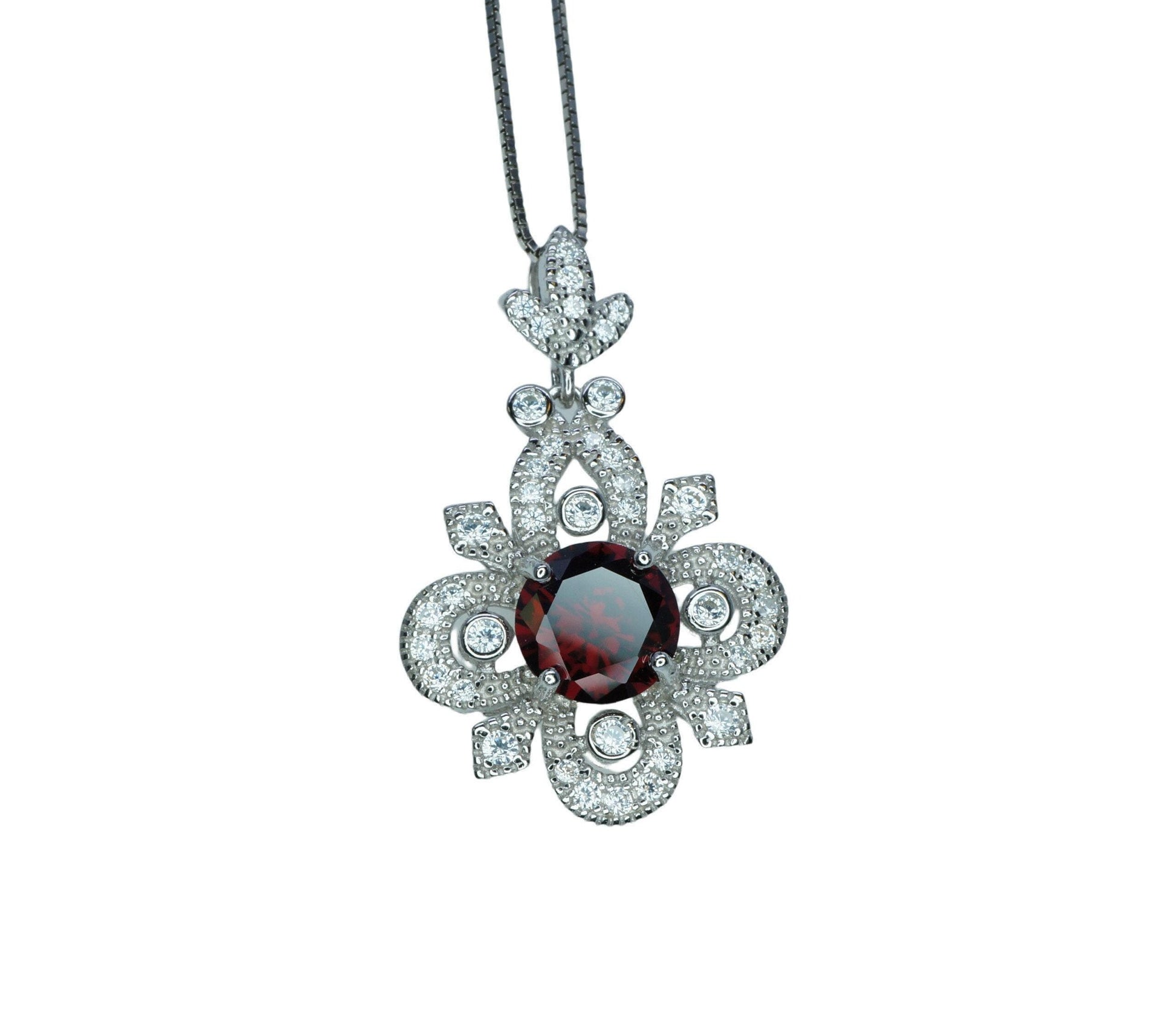 Red Garnet Necklace - Gemstone Flower Pendant - 18kgp @ Sterling Silver - Garnet Jewelry #604