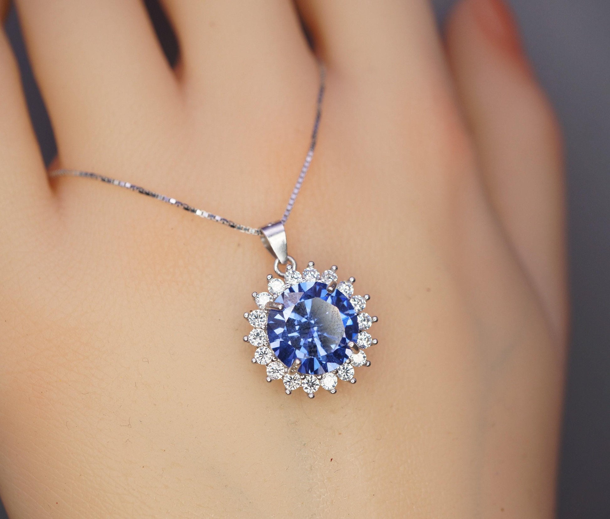 10mm 3 ct Tanzanite Necklace - Princess Diana Sunflower Simple Solitaire Halo - Lab Created Energic Blue Tanzanite Pendant #505