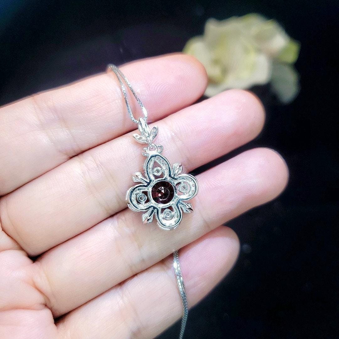 Red Garnet Necklace - Gemstone Flower Pendant - 18kgp @ Sterling Silver - Garnet Jewelry #604