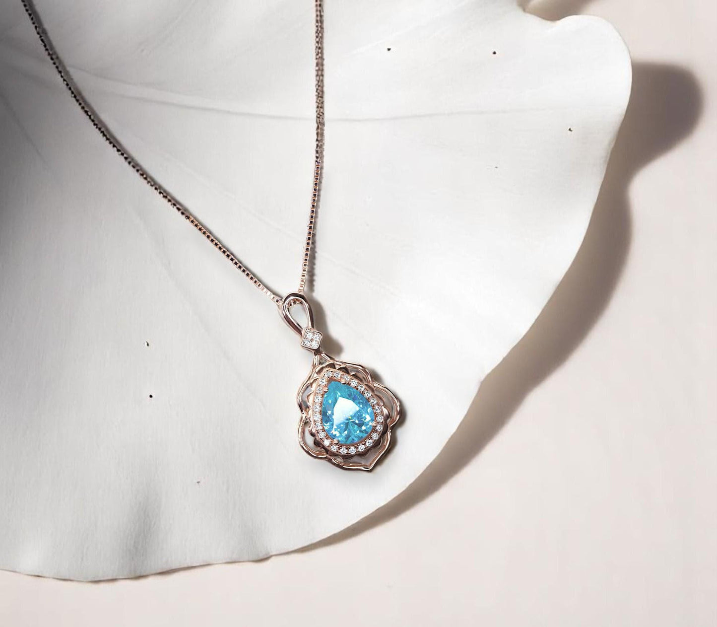 Sky Blue Aquamarine Necklace - Rose Gold Coated sterling Silver Flower Teardrop Large Aquamarine Pendant #639