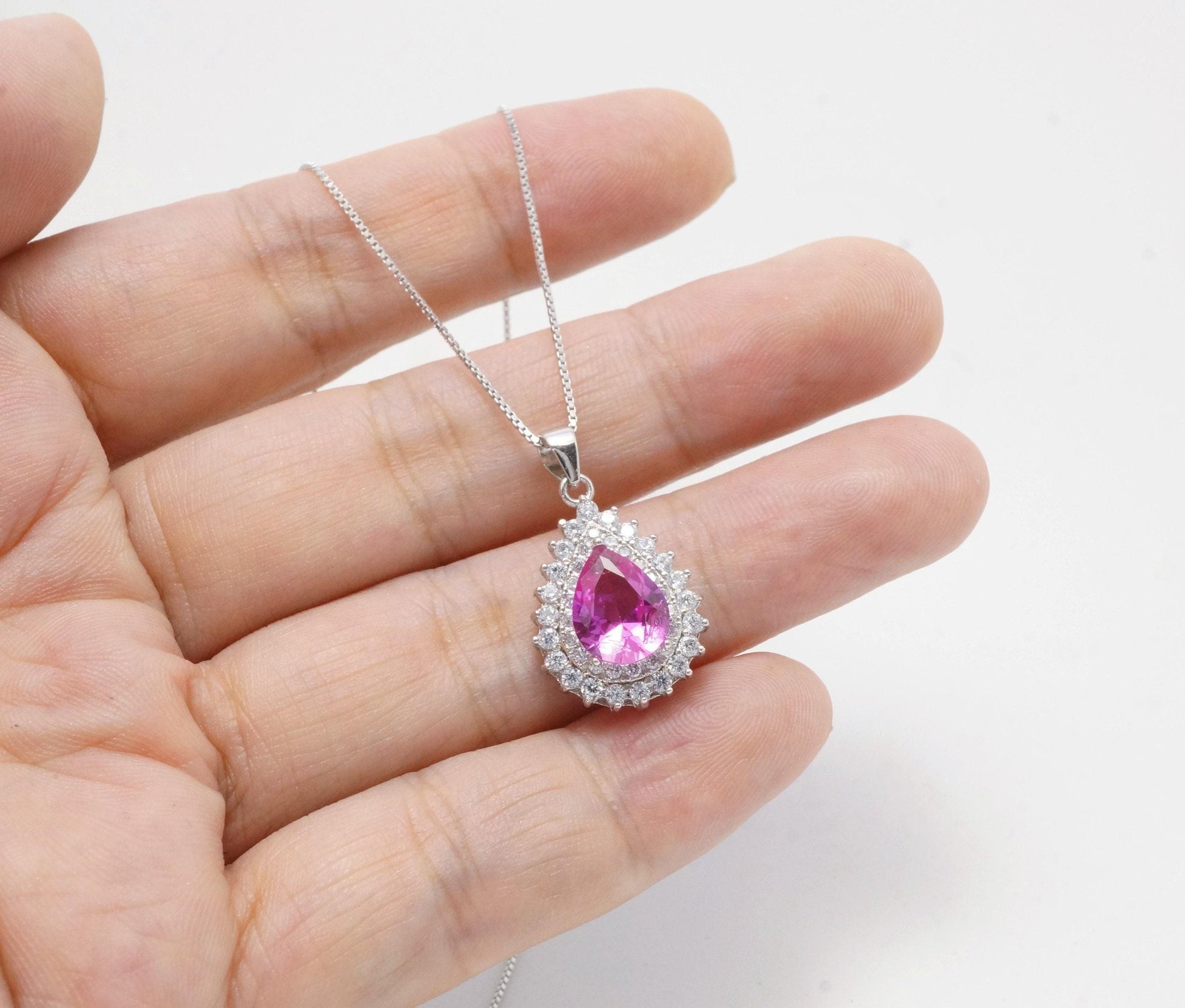 Pink Tourmaline Necklace - Gemstone Teardrop Halo Double Circle Pink Tourmaline Pendant Jewelry #374