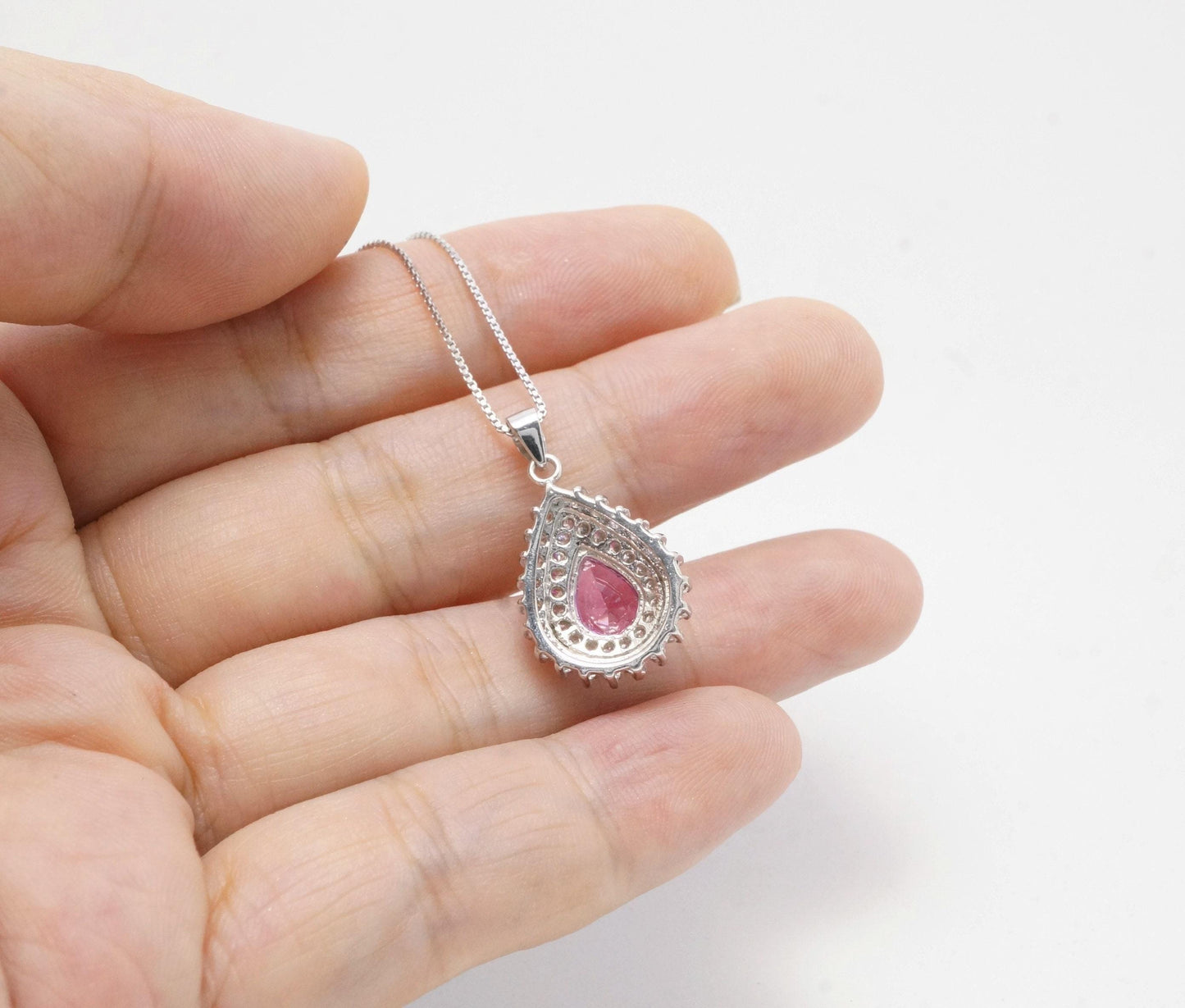 Pink Tourmaline Necklace - Gemstone Teardrop Halo Double Circle Pink Tourmaline Pendant Jewelry #374