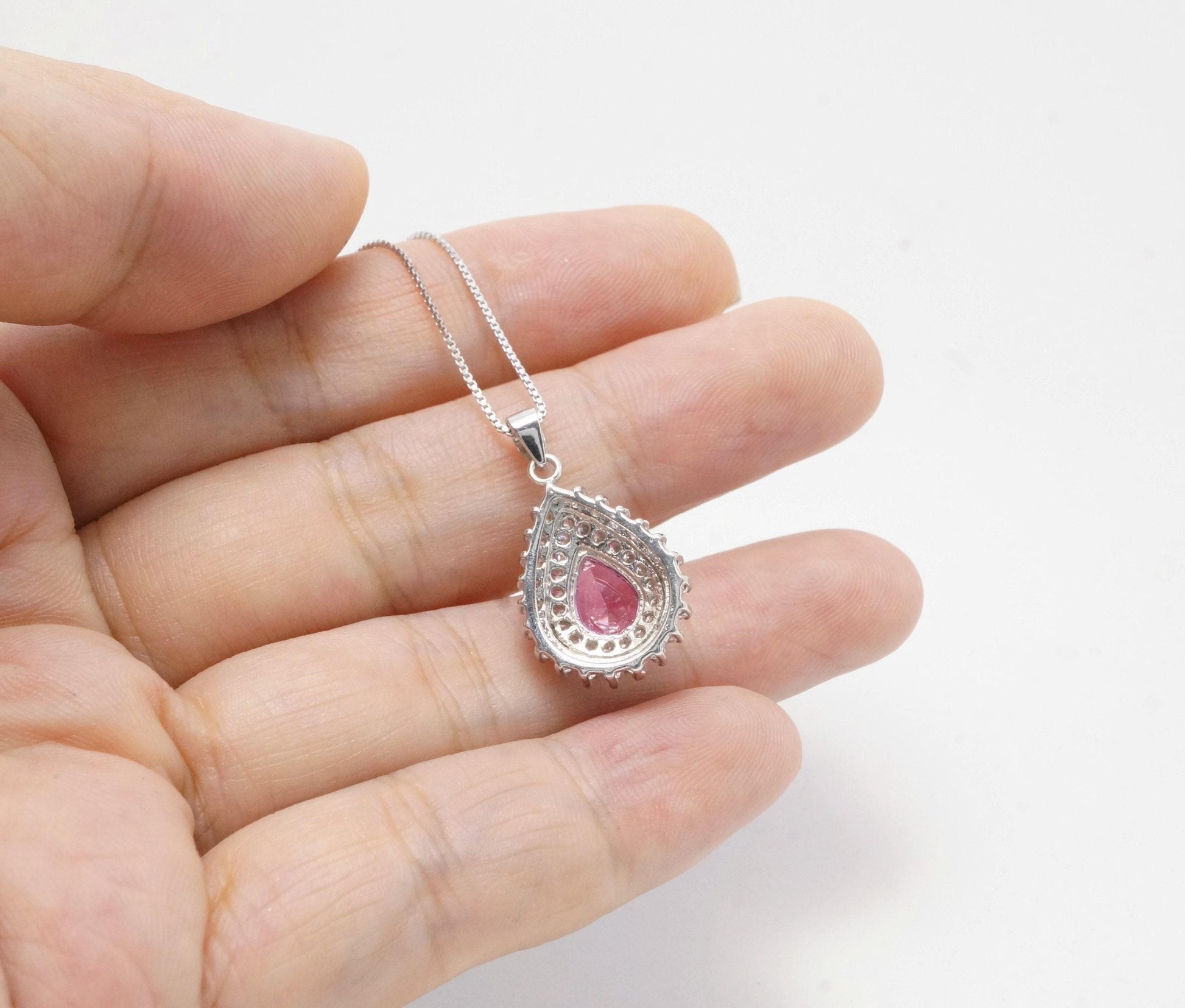 Pink Tourmaline Necklace - Gemstone Teardrop Halo Double Circle Pink Tourmaline Pendant Jewelry #374