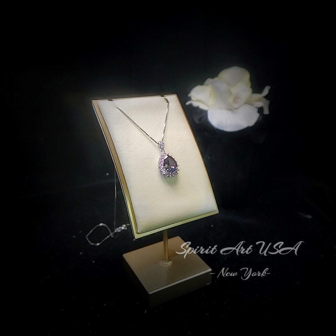 Mystic Rainbow Topaz Necklace – 4CT Teardrop Halo Pendant, Pink Tourmaline, 18K 925 Sterling Silver Jewelry November Birthstone #967