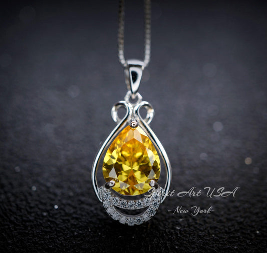 2.5 CT Yellow Moissanite Gemstone Necklace Sterling Silver Teardrop Created Citrine Gemstone Pendant - November Birthstone #395