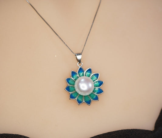Genuine Freshwater Pearl Necklace - Sterling Silver Blue Lotus Flower Necklace 1105
