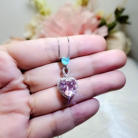 Pink Morganite Necklace Double Heart Sterling Silver Blue Paraiba Couple Two Connect Heart Pendant - 18KGP with Lab Created Morganite #736