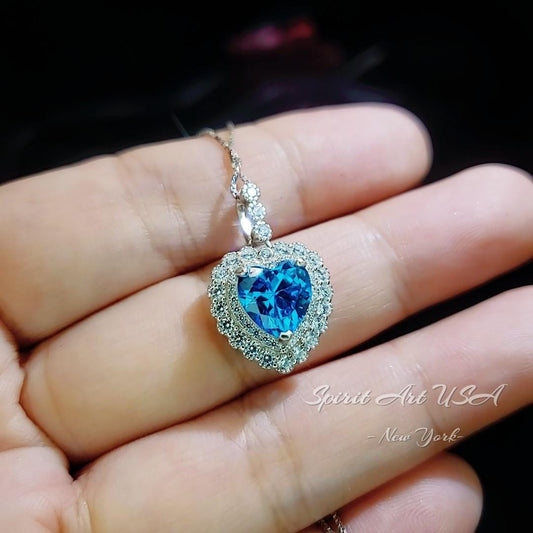 Blue Topaz Necklace - Double Halo Blue Heart Pendant, Ocean Heart Blue Topaz Jewelry - White Gold Sterling Silver #362