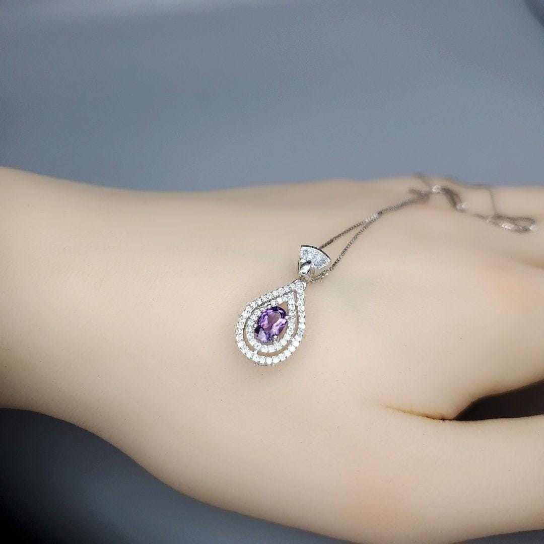Tiny Natural Amethyst Necklace Sterling Silver Teardrop Halo Genuine Amethyst Jewelry #431