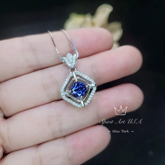 Gemstone Flower Square Tanzanite Necklace White Gold Coated 925 Sterling Silver Tiny Lab Created Tanzanite Pendant - Overlap Square #339