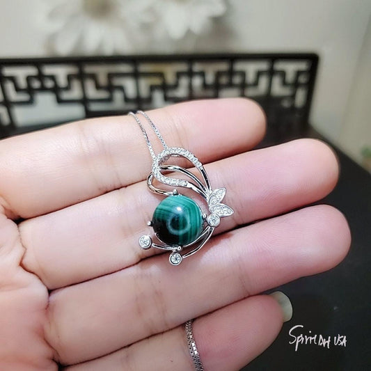 Genuine Malachite Necklace , Sterling Silver Butterfly Pendant, Sim Gemstone White Gold Plated Natural Green Malachite Jewelry #388
