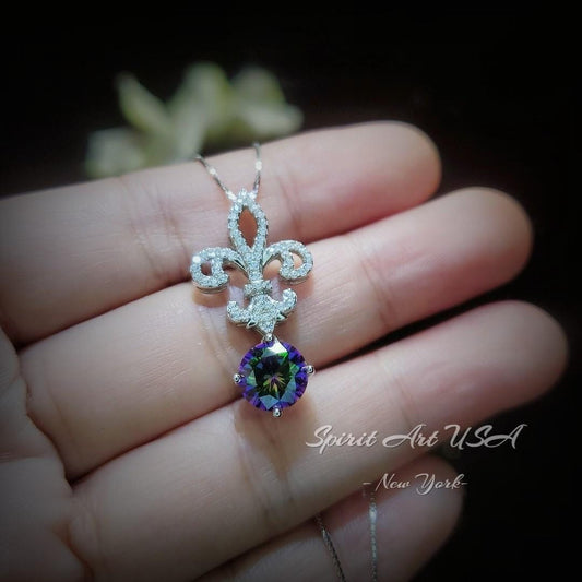 Mystic Topaz Necklace - Gemstone Kite Flower Pendant - 18KGP @ Sterling Silver - 2.2 Ct Round Rainbow Topaz Jewelry #405