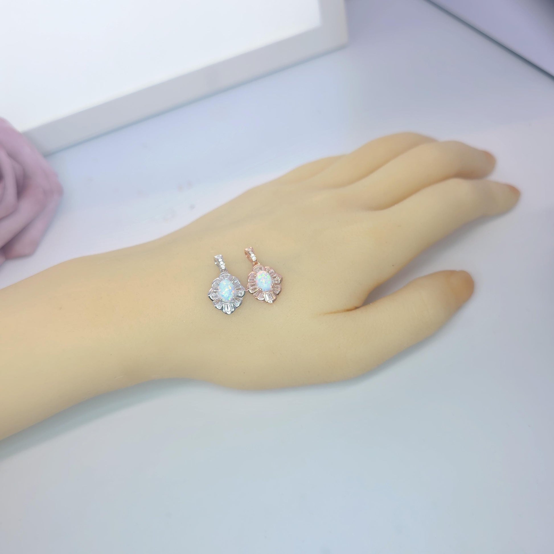 Opal Necklace - Tiny White Opal Rose gold 18KGP @ Sterling Silver - Small Gemstone flower style Opal Jewelry #308