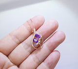 Genuine Amethyst Necklace, Floral Style - 18kgp @ Sterling Silver - Natural Lanvnder Amethyst Jewelry, Crystal Yoga Pendant Rose gold style