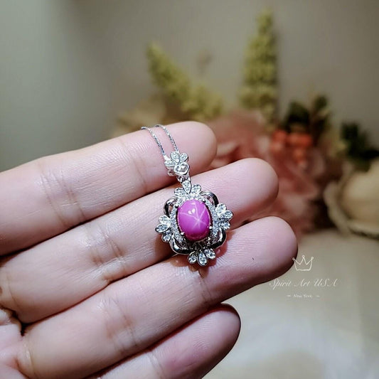 Star Ruby Necklace - Gemstone Royal Flower Ruby Pendant - 18KGP @ Sterling Silver - July Birthstone #749
