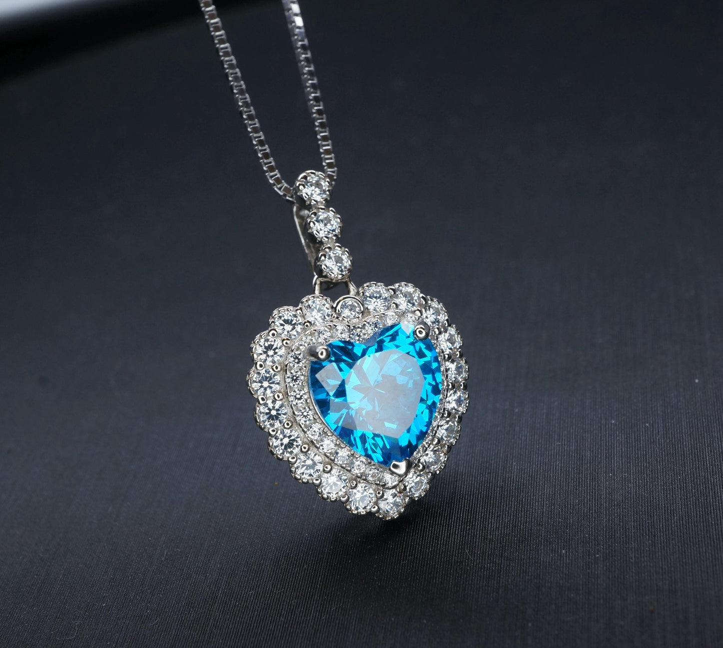 Blue Topaz Necklace - Double Halo Blue Heart Pendant, Ocean Heart Blue Topaz Jewelry - White Gold Sterling Silver #362