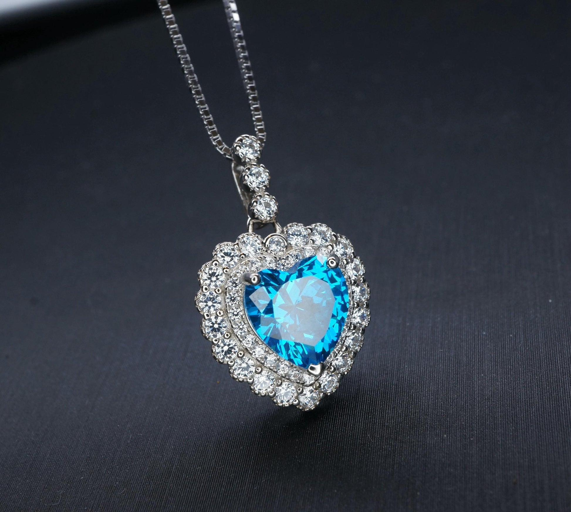 Blue Topaz Necklace - Double Halo Blue Heart Pendant, Ocean Heart Blue Topaz Jewelry - White Gold Sterling Silver #362