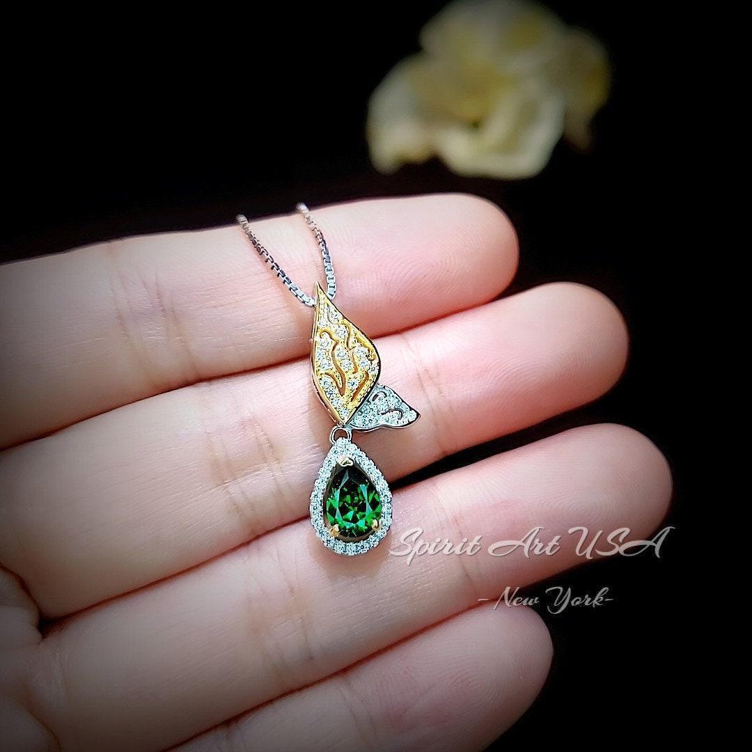 Green Emerald Necklace - Butterfly Flower Pendant - 18kgp @ Sterling Silver - 1 CT Teardrop Emerald Jewelry #517