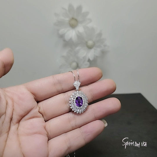 Natural Amethyst Necklace Double Halo Amethyst Pendant Genuine Purple Amethyst Jewelry- Chakra Healing 18KGP @ Sterling Silver #834
