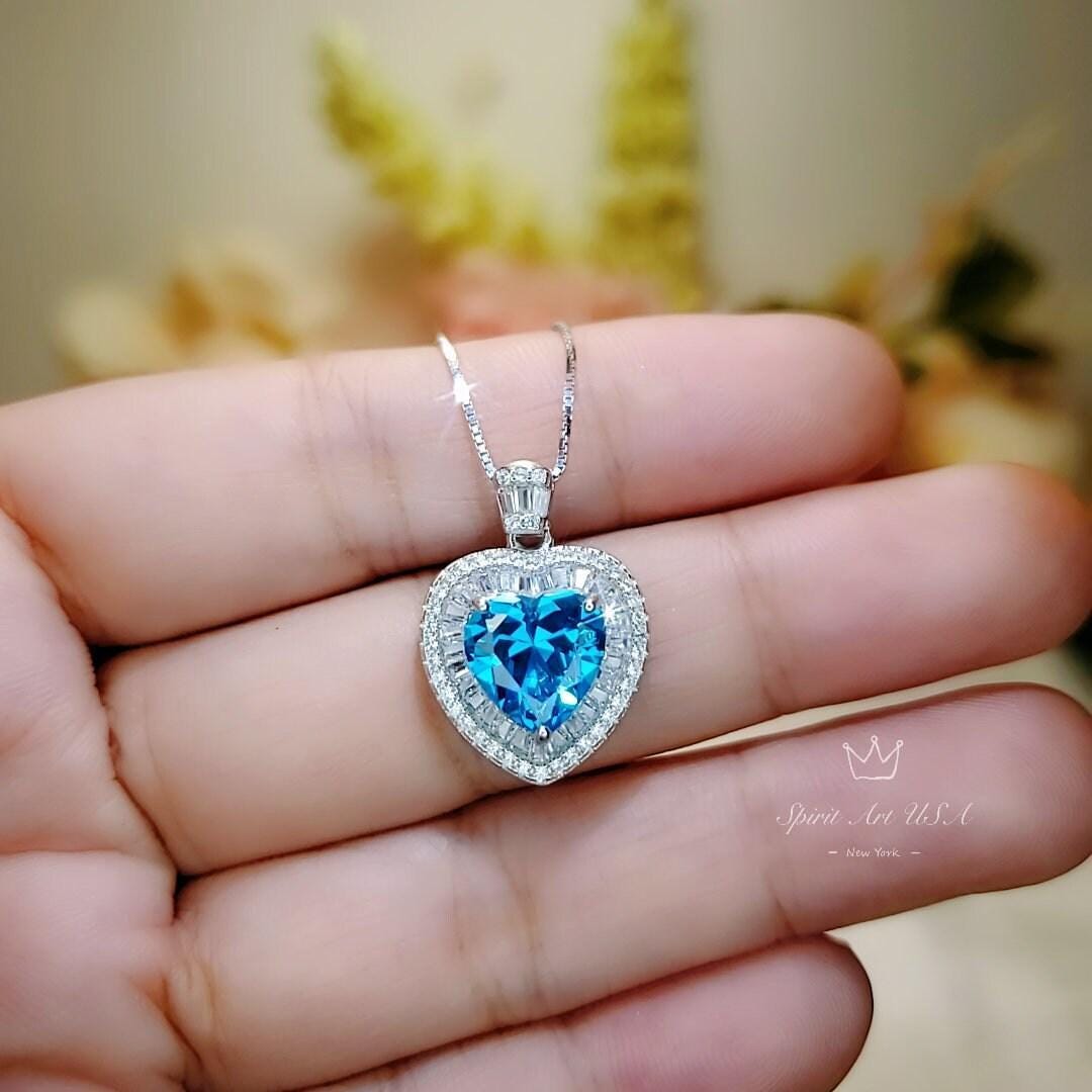 Blue Topaz Heart Necklace White Gold Coated Sterling Silver Gemstone Heart Pendant Blue Topaz Jewelry #950