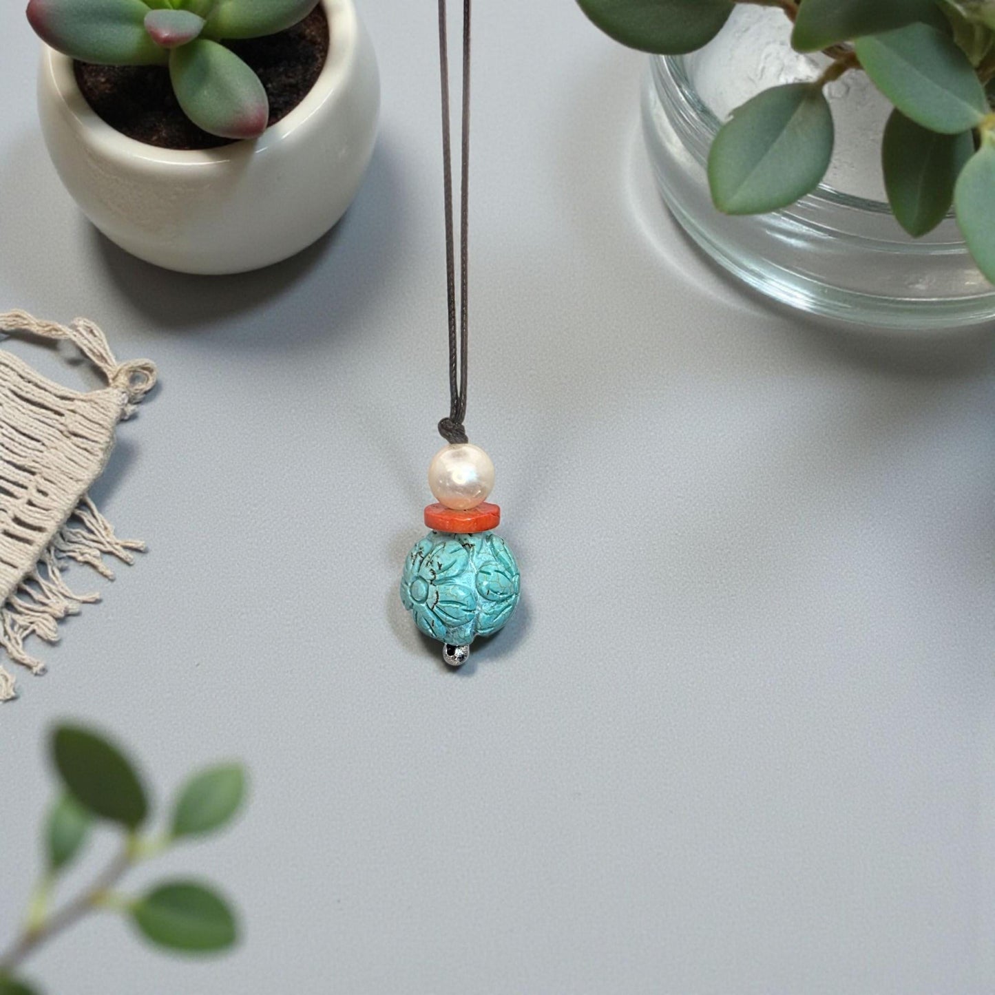 Chunky Turquoise Necklace Leather cord , Large Lotus Flower Jewelry Pearl Coral Long Chain Adjustable UP to 30" chunky stone jewelry #2341