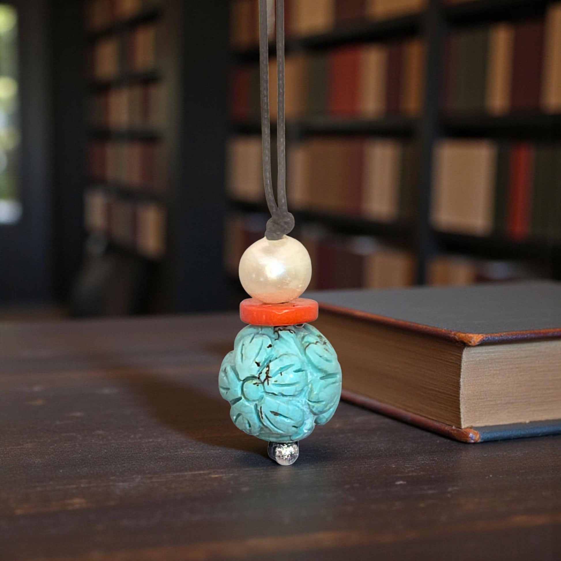 Chunky Turquoise Necklace Leather cord , Large Lotus Flower Jewelry Pearl Coral Long Chain Adjustable UP to 30" chunky stone jewelry #2341