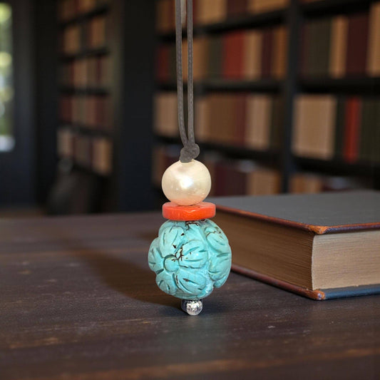 Chunky Turquoise Necklace Leather cord , Large Lotus Flower Jewelry Pearl Coral Long Chain Adjustable UP to 30" chunky stone jewelry #2341