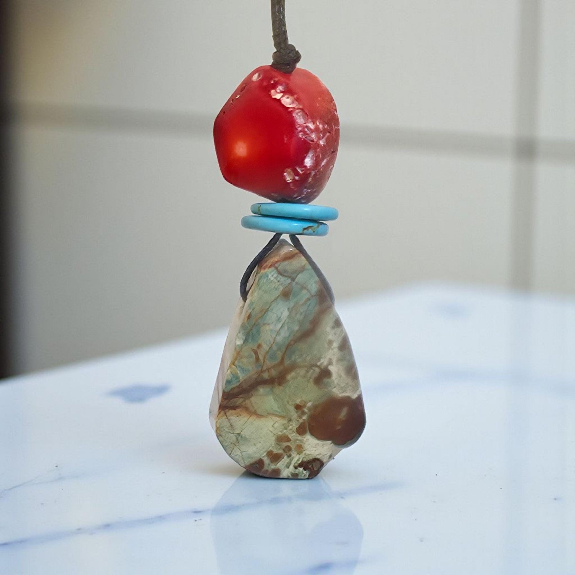 Large Green Jasper Core Necklace Bohemian Style Pendant Leather cord Chunky Raw African Jasper Jewelry Adjustable UP to 30" #2321