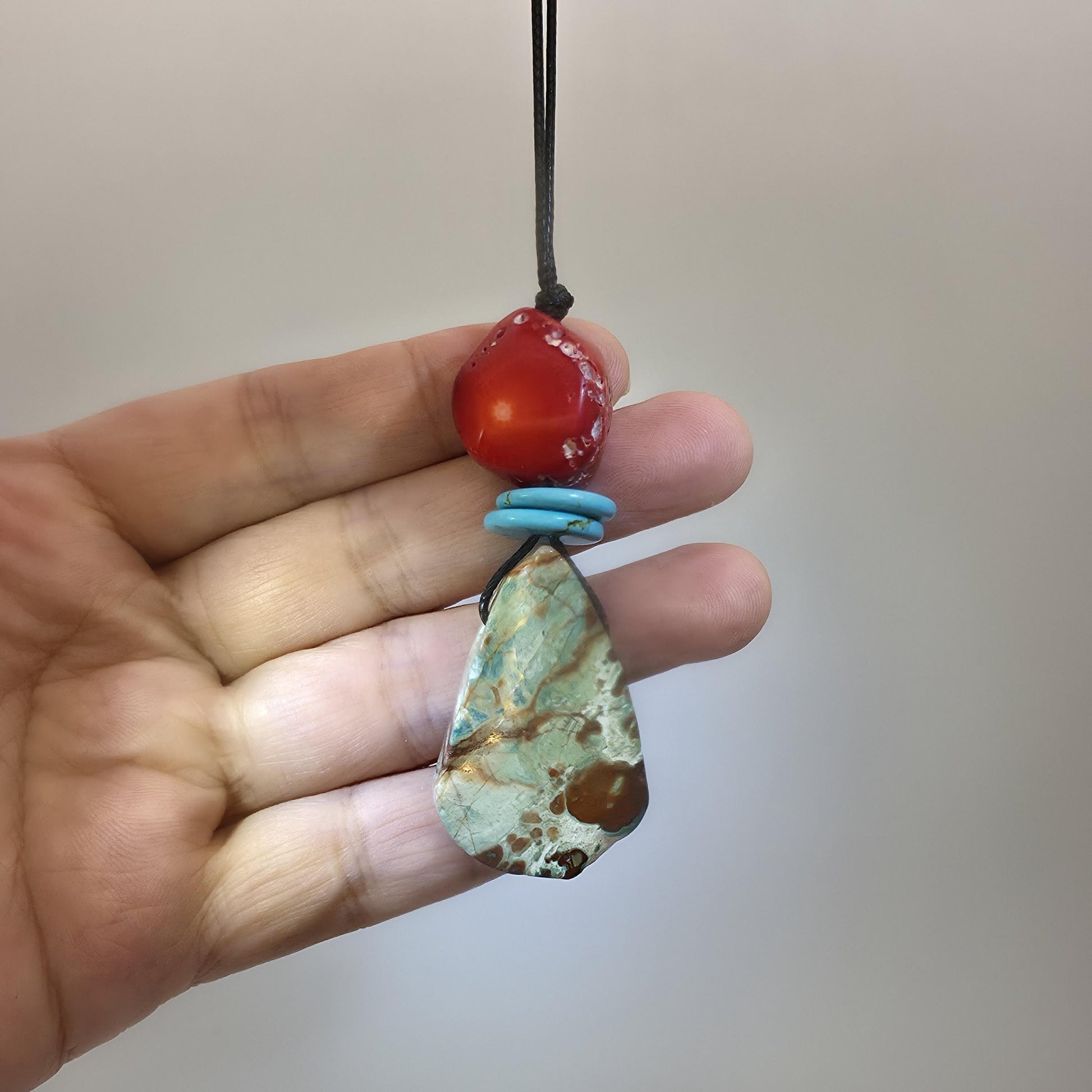 Large Green Jasper Core Necklace Bohemian Style Pendant Leather cord Chunky Raw African Jasper Jewelry Adjustable UP to 30" #2321