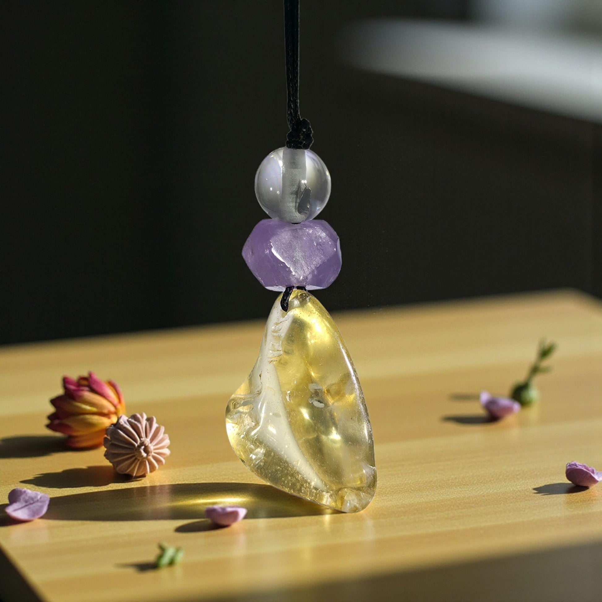 Large Chunky Citrine Necklace Amethyst Clear Quartz Pendant Leather cord , Large Size Citrine Jewelry Long Chain Adjustable UP to 30" #2336