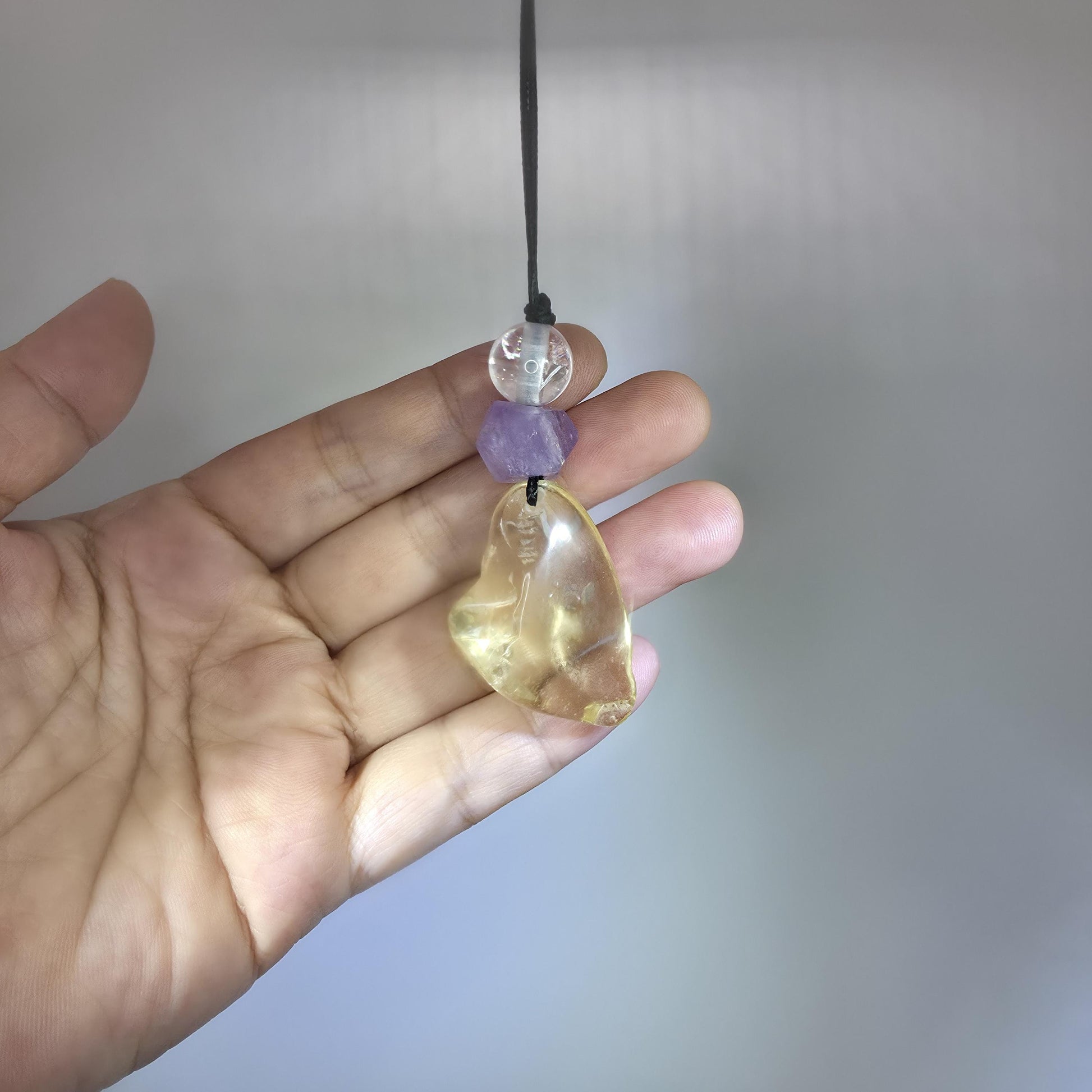 Large Chunky Citrine Necklace Amethyst Clear Quartz Pendant Leather cord , Large Size Citrine Jewelry Long Chain Adjustable UP to 30" #2336