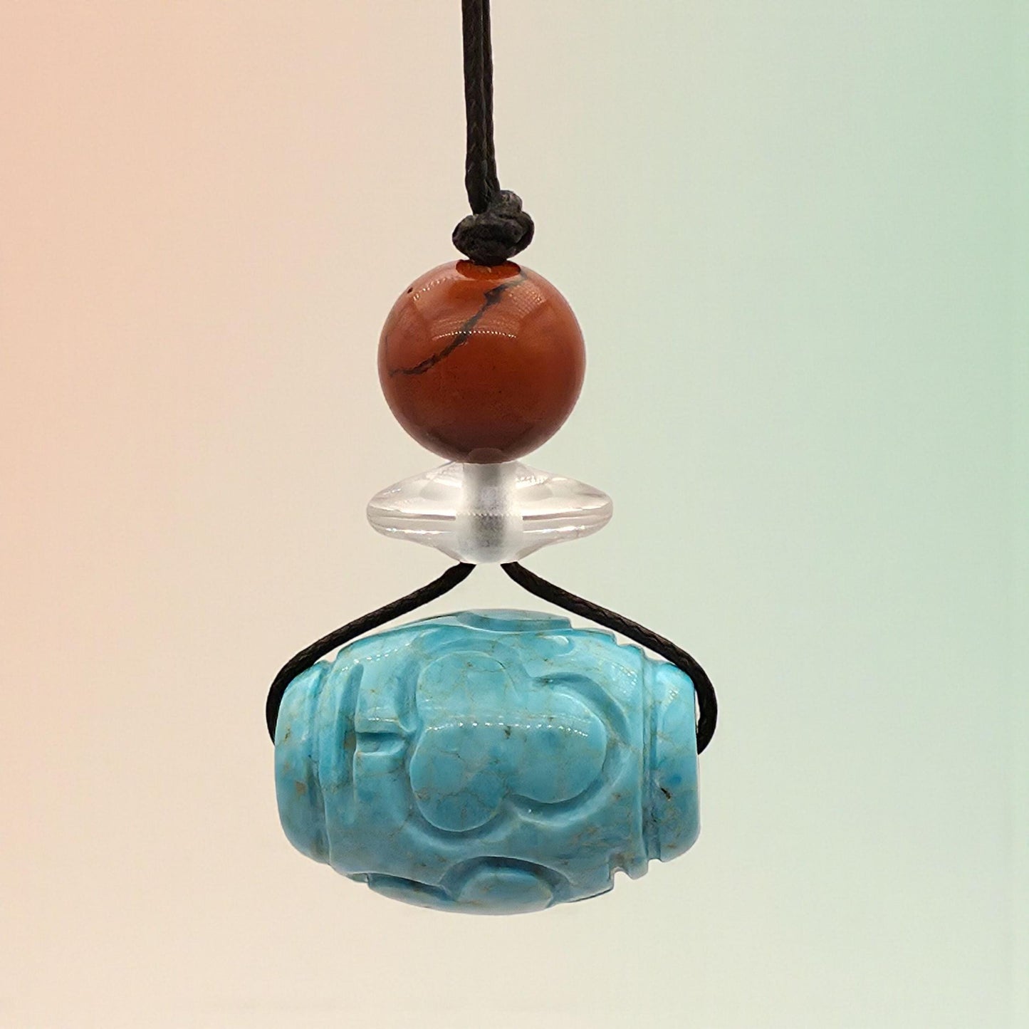Turquoise Necklace Boho Large Chunky Jasper Pendant | Hand-Carved Natural Stone | Adjustable Leather Cord Long Chain up to 30" #22337