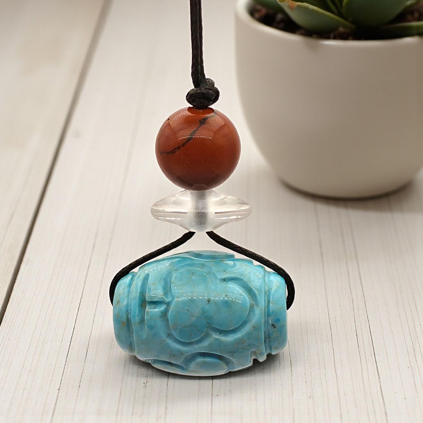 Turquoise Necklace Boho Large Chunky Jasper Pendant | Hand-Carved Natural Stone | Adjustable Leather Cord Long Chain up to 30" #22337