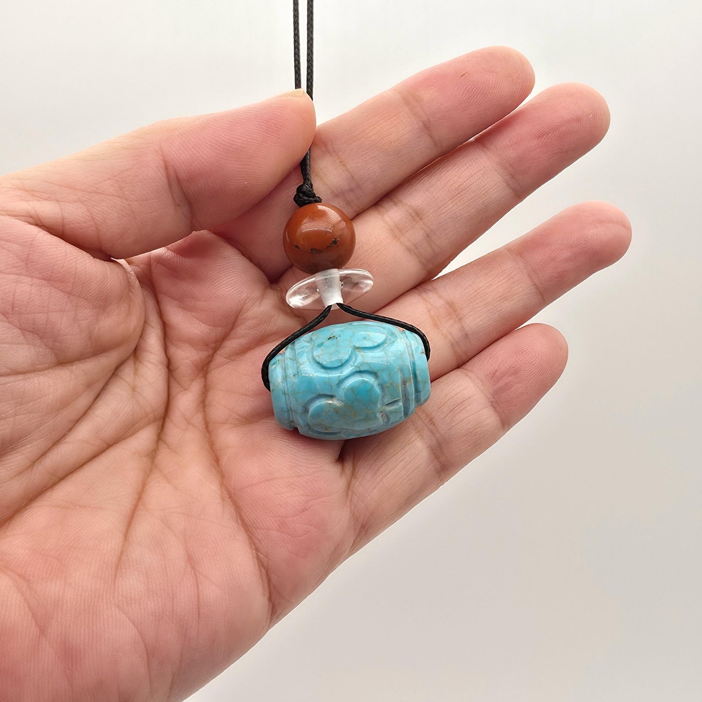 Turquoise Necklace Boho Large Chunky Jasper Pendant | Hand-Carved Natural Stone | Adjustable Leather Cord Long Chain up to 30" #22337