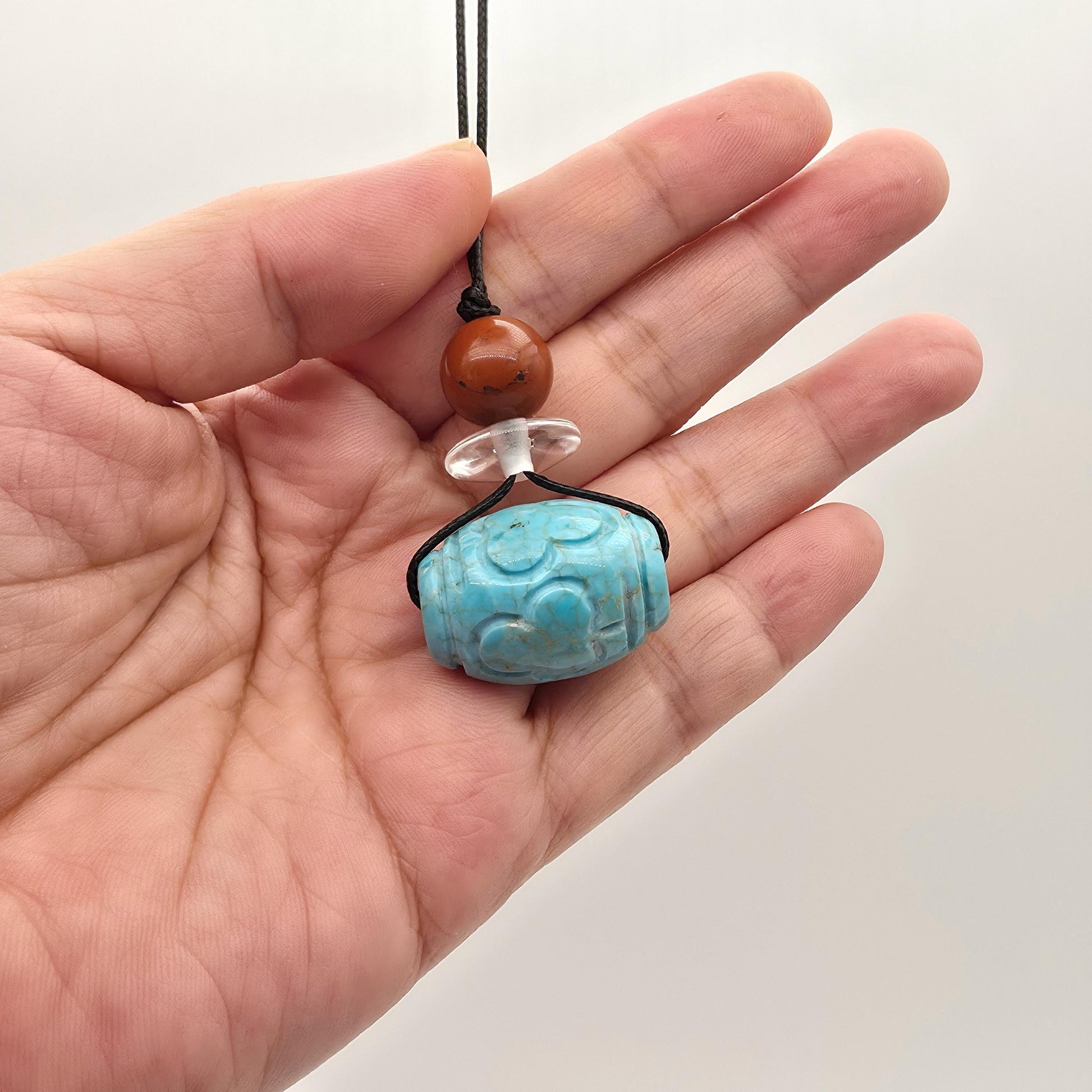 Turquoise Necklace Boho Large Chunky Jasper Pendant | Hand-Carved Natural Stone | Adjustable Leather Cord Long Chain up to 30" #22337