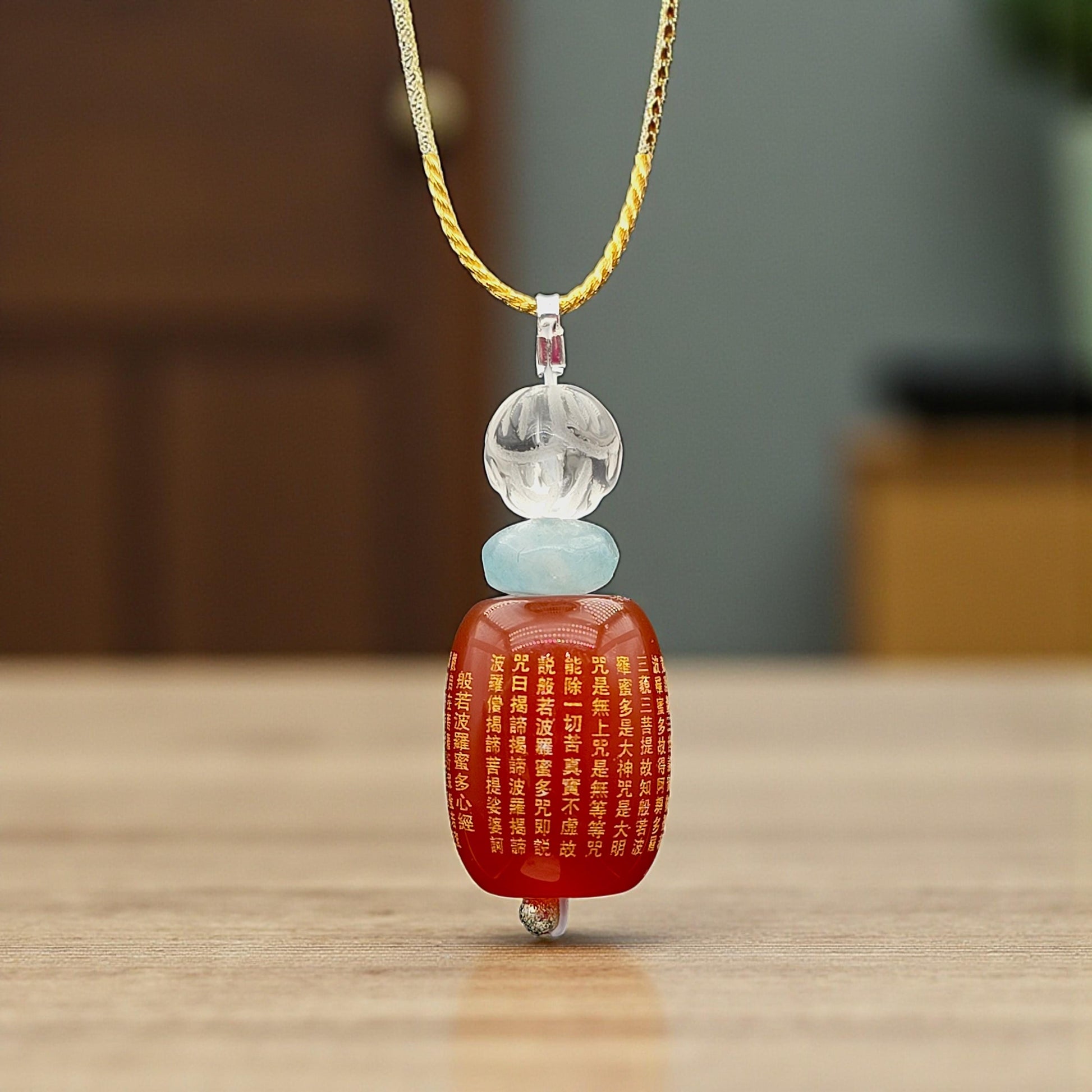 Red Carnelian Heart Sutra Pendant Necklace, Clear Quartz Lotus Spiritual Buddhist Protection Amulet chunky stone jewelry #2330