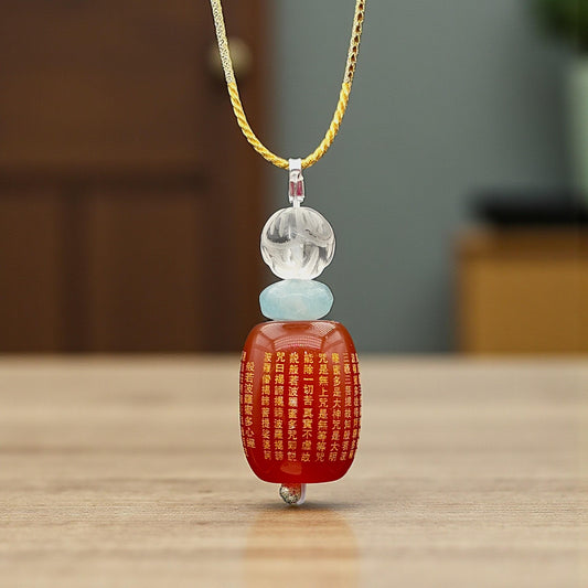 Red Carnelian Heart Sutra Pendant Necklace, Clear Quartz Lotus Spiritual Buddhist Protection Amulet chunky stone jewelry #2330