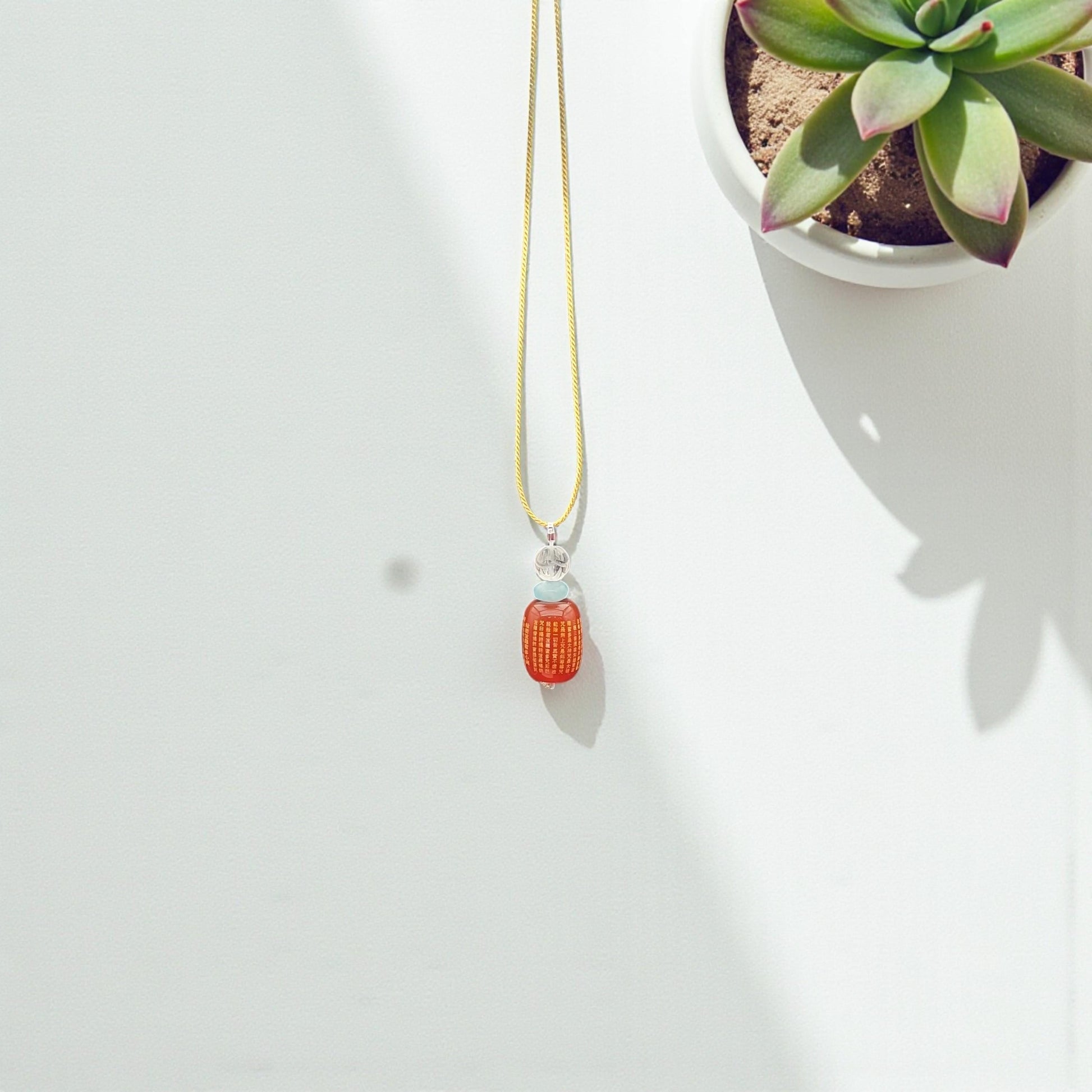 Red Carnelian Heart Sutra Pendant Necklace, Clear Quartz Lotus Spiritual Buddhist Protection Amulet chunky stone jewelry #2330