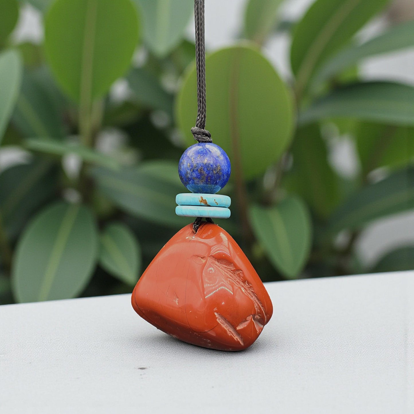 Red Jasper Rough Cut Pendant Necklace, Lapis Lazuli Turquoise Beads Leather Cord, Grounding Men's Boho chunky stone jewelry #2329