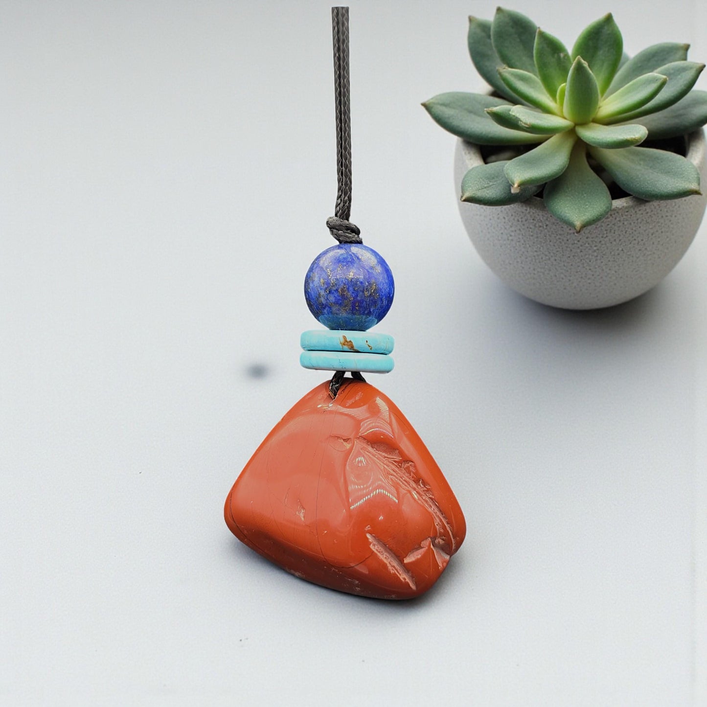Red Jasper Rough Cut Pendant Necklace, Lapis Lazuli Turquoise Beads Leather Cord, Grounding Men's Boho chunky stone jewelry #2329