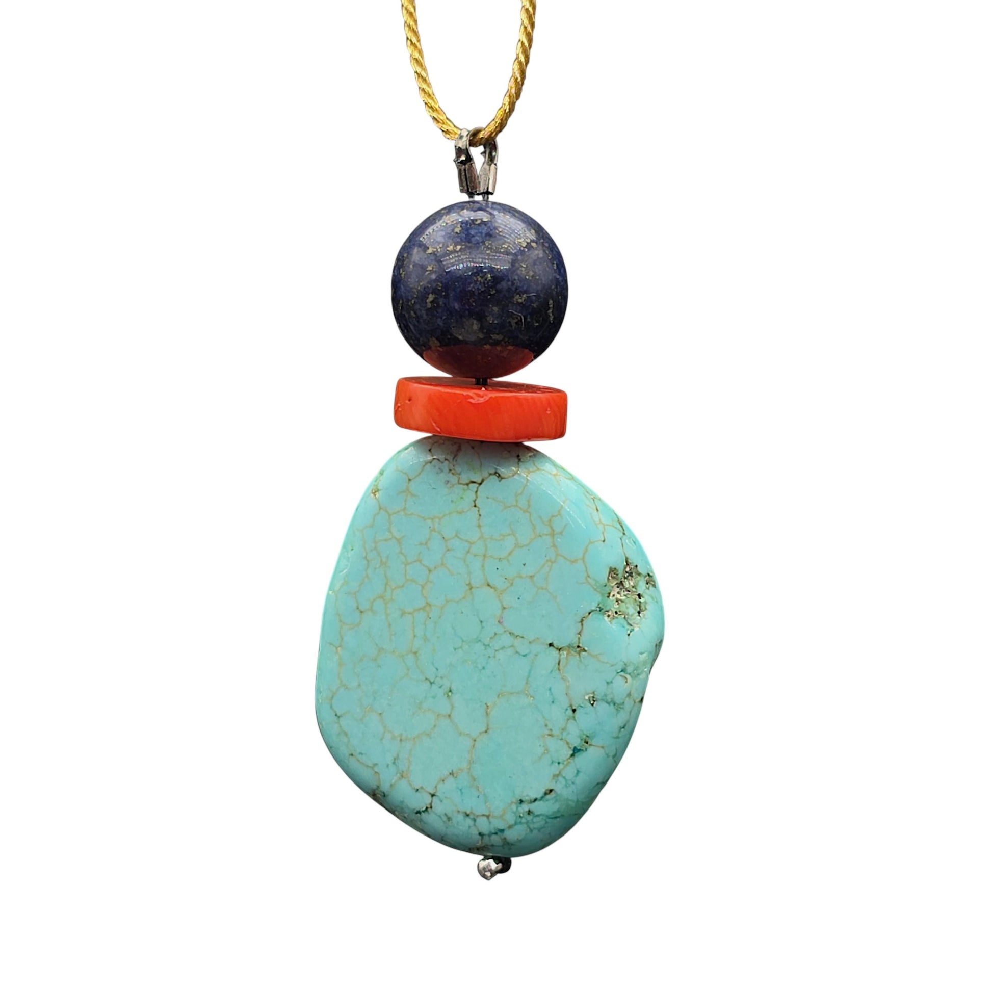 Rough Turquoise Pendant Necklace, Lapis Lazuli & Coral, 30" Adjustable Gold silk cord , Boho Coastal Jewelry, chunky stone jewelry #2328