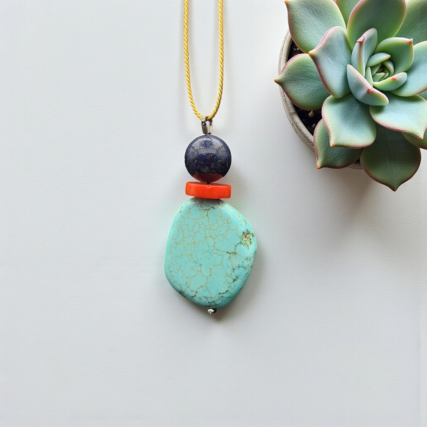 Rough Turquoise Pendant Necklace, Lapis Lazuli & Coral, 30" Adjustable Gold silk cord , Boho Coastal Jewelry, chunky stone jewelry #2328