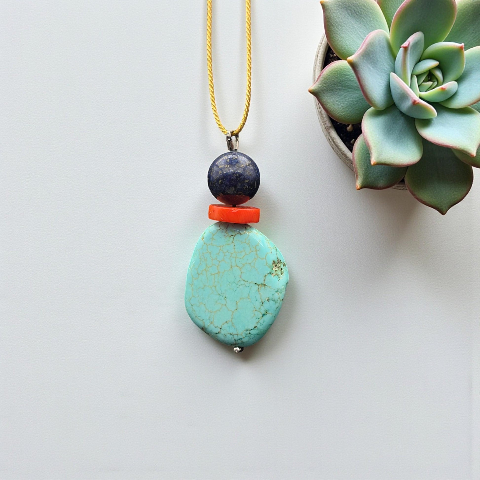 Rough Turquoise Pendant Necklace, Lapis Lazuli & Coral, 30" Adjustable Gold silk cord , Boho Coastal Jewelry, chunky stone jewelry #2328