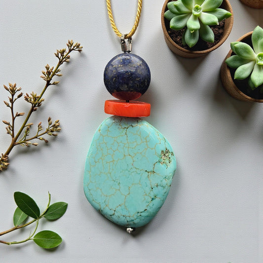 Rough Turquoise Pendant Necklace, Lapis Lazuli & Coral, 30" Adjustable Gold silk cord , Boho Coastal Jewelry, chunky stone jewelry #2328