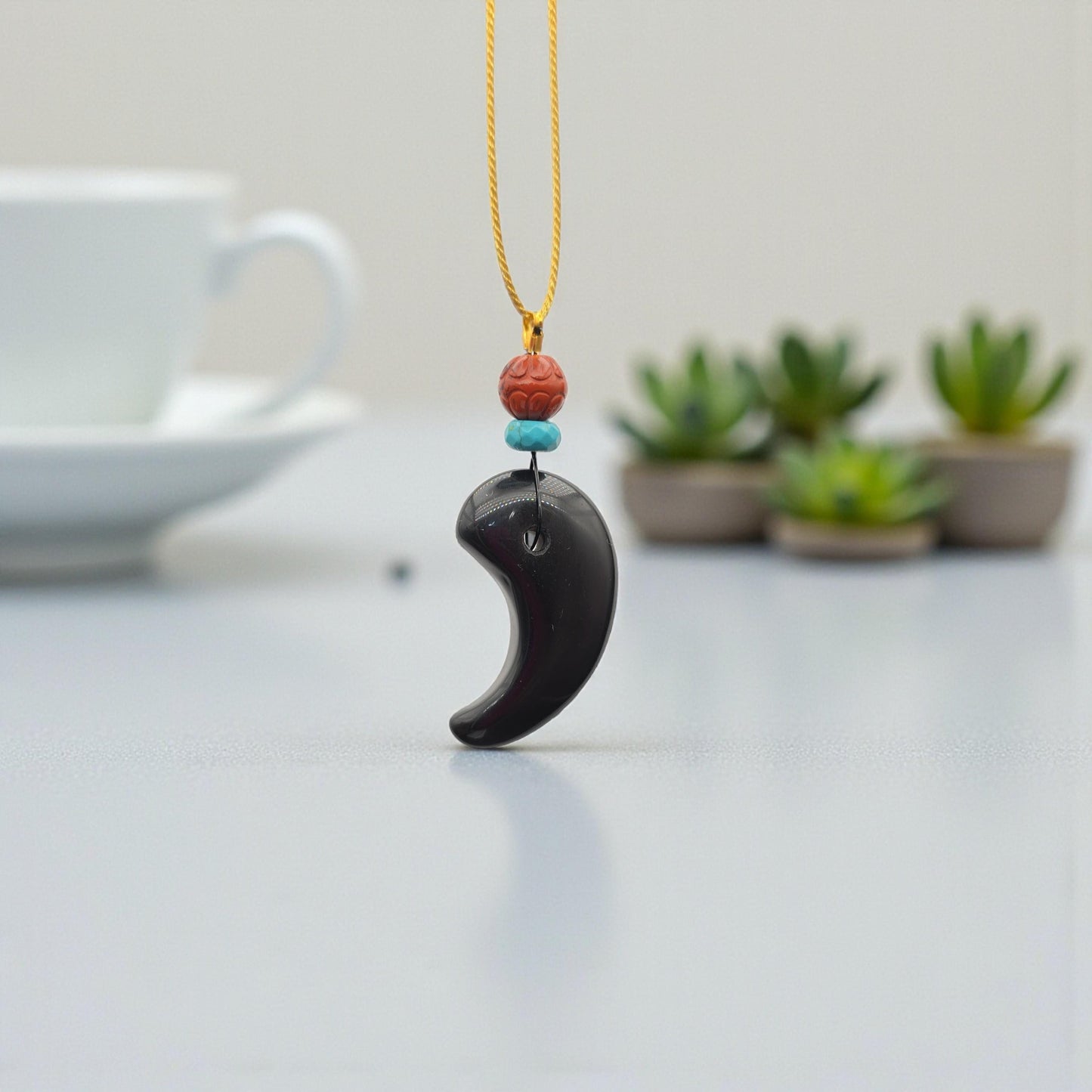 Black Obsidian Crescent Pendant Necklace, Red Jasper Turquoise Beads, Adjustable Gold Cord, Protection Amulet, chunky stone jewelry #2327