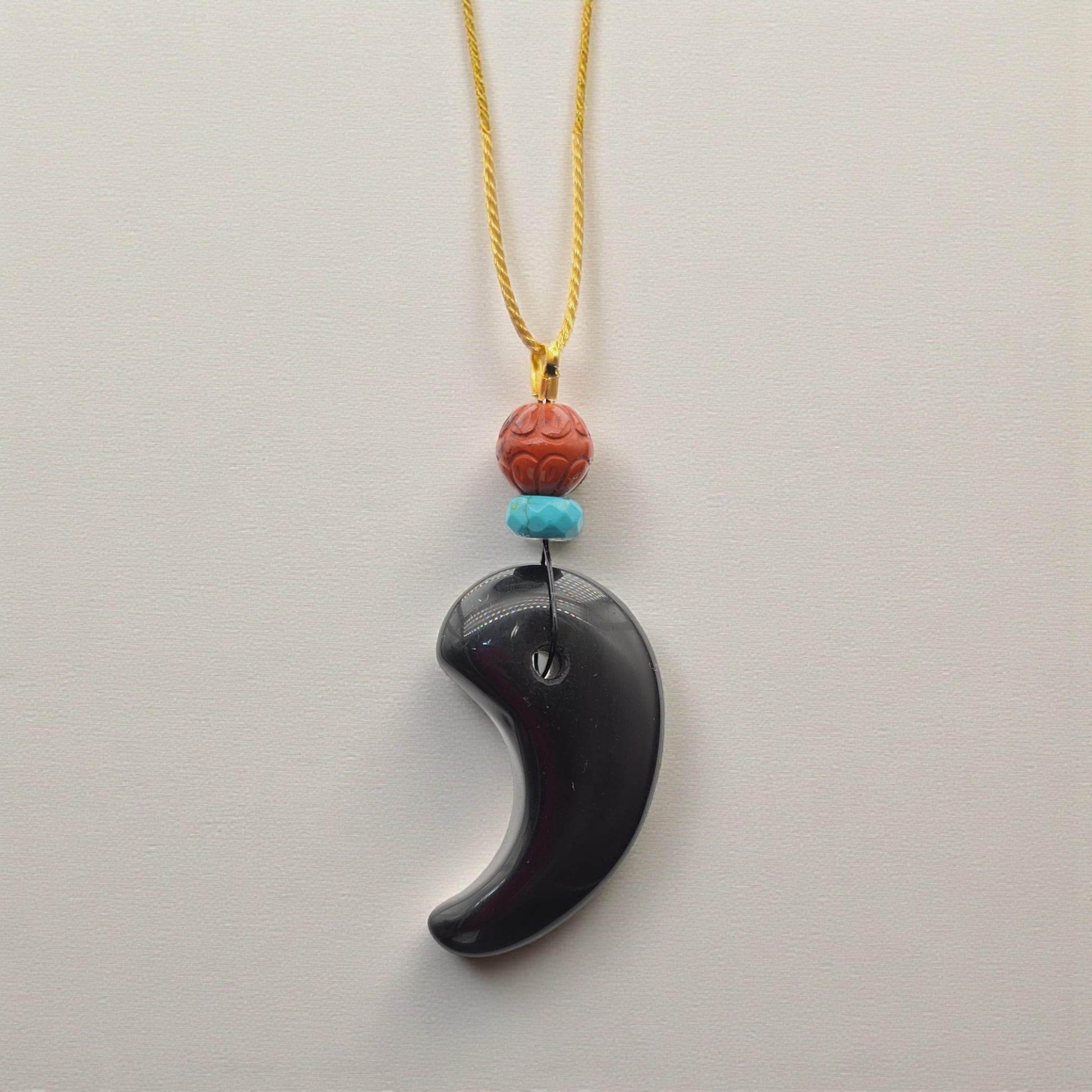 Black Obsidian Crescent Pendant Necklace, Red Jasper Turquoise Beads, Adjustable Gold Cord, Protection Amulet, chunky stone jewelry #2327